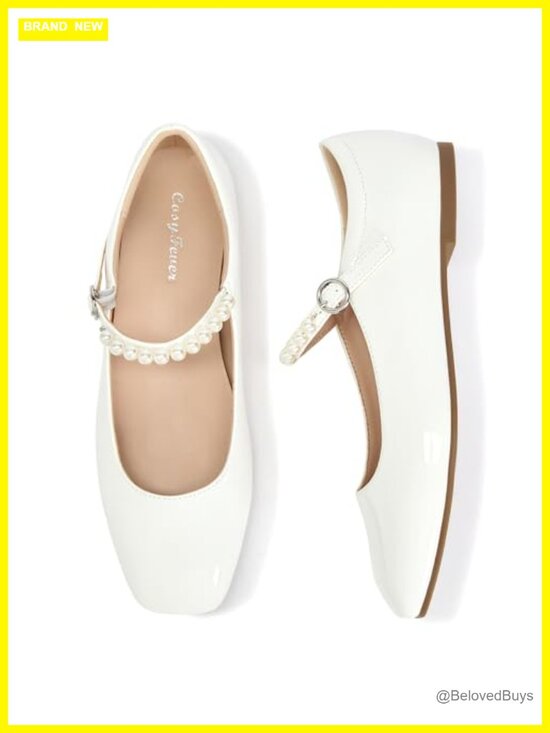 Shoes - Dressy Mary Jane Flats, Square Toe Pearl Strap Flat Dress Shoes for Wedding